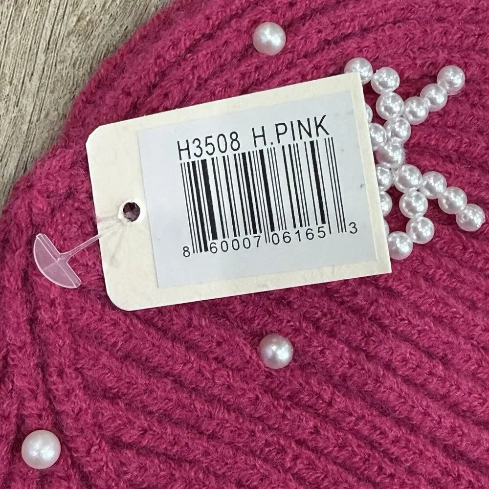 NWT Pearl Bow Charm Beanie Hat Fuchsia Hot Pink One Size for Women